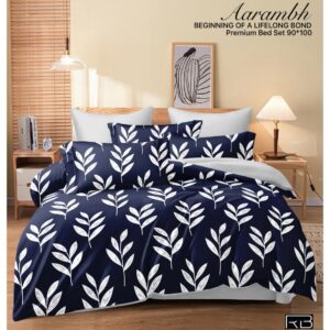 DARK BLUE WITH LEAVES PRINT AARAMBH QUEEN BEDSHEET BY AS🔥