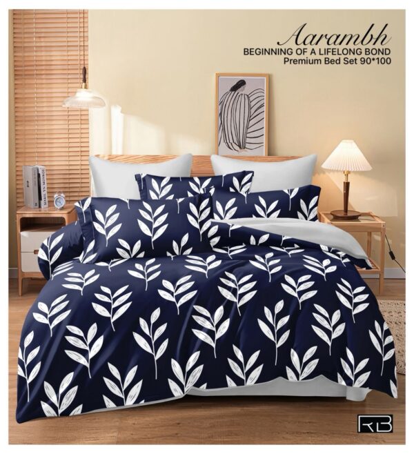 DARK BLUE WITH LEAVES PRINT AARAMBH QUEEN BEDSHEET BY AS🔥