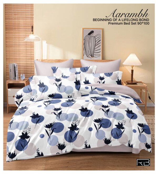 WHITE & BLUE COLOR WITH FLOWER PRINT AARAMBH QUEEN BEDSHEET BY AS🔥